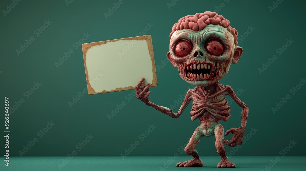 Shuffling 3D cartoon zombie presenting blank brain-shaped sign, sickly green background Shuffling 3D cartoon zombie presenting blank brain-shaped sign, sickly green background