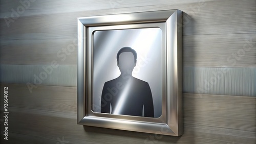 A sleek silver mirror with a metallic frame holds a small reflective icon of a person, symbolizing self-reflection and personal identity in modern life.