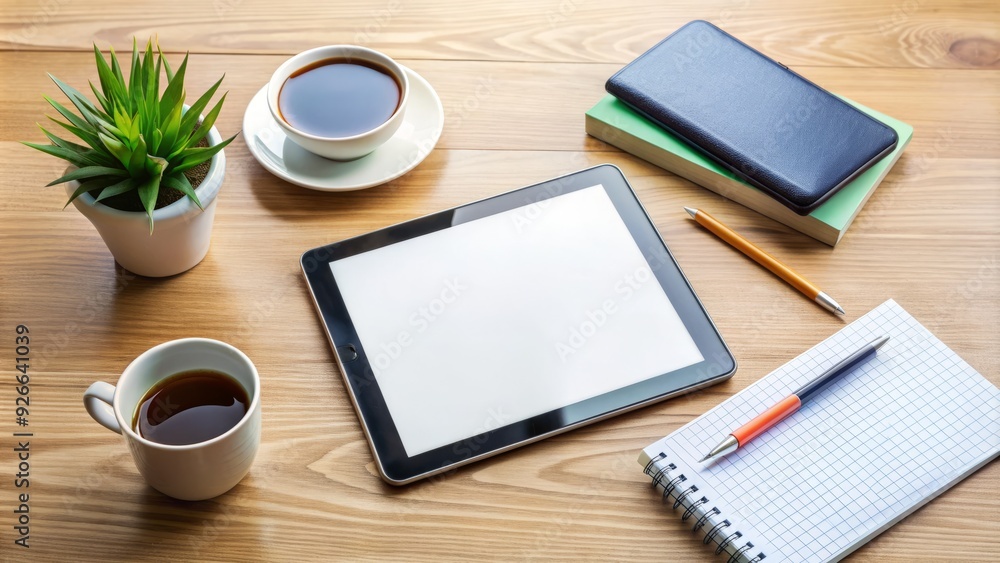 A sleek tablet device on a modern desk, surrounded by notes, coffee, and office supplies, showcasing a vibrant mockup design on its screen. A sleek tablet device on a modern desk, surrounded by notes, coffee, and office supplies, showcasing a vibrant mockup design on its screen.