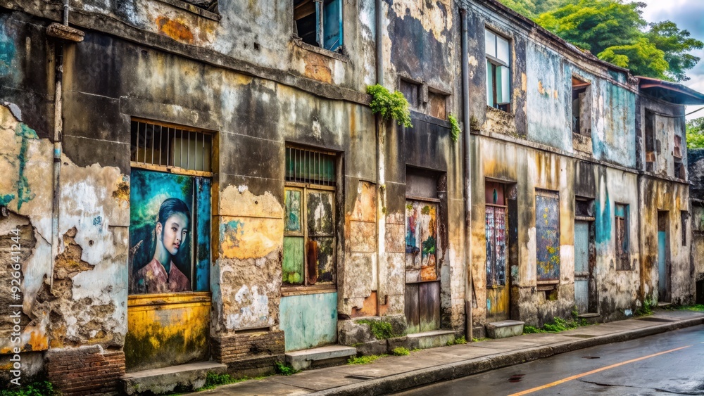 Fototapeta premium Faded and moldy advertisements plastered on worn building walls in Yogyakarta, Indonesia, telling a story of forgotten promotions and neglected urban landscapes.