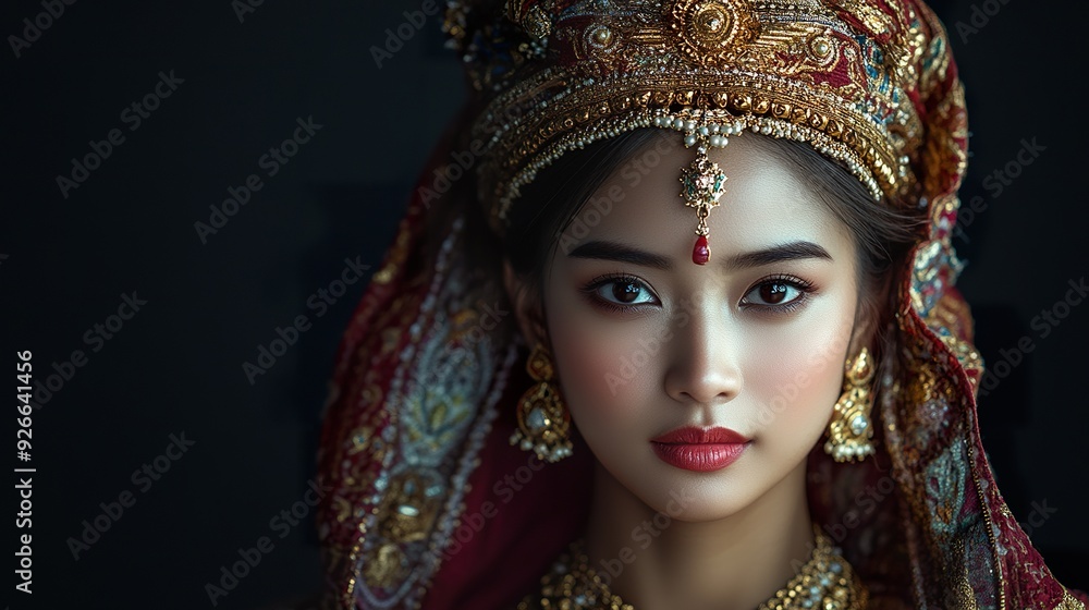 A realistic image of a Thai woman adorned with traditional accessories like intricate jewelry or a decorative shawl A realistic image of a Thai woman adorned with traditional accessories like intricate jewelry or a decorative shawl