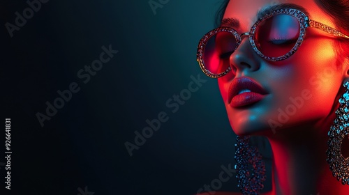 A realistic image of an Italian woman adorned with fashionable accessories, such as designer sunglasses or luxury jewelry, isolated on a dark background to highlight her upscale and stylish look