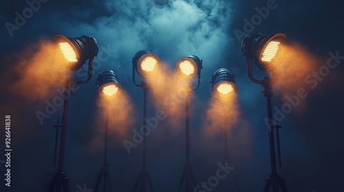 A realistic image of multiple spotlights arranged in a dramatic setup, casting bright beams of light against a dark background to capture their impact and lighting effects photo