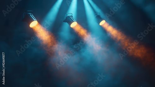 A realistic image of multiple spotlights arranged in a dramatic setup, casting bright beams of light against a dark background to capture their impact and lighting effects photo