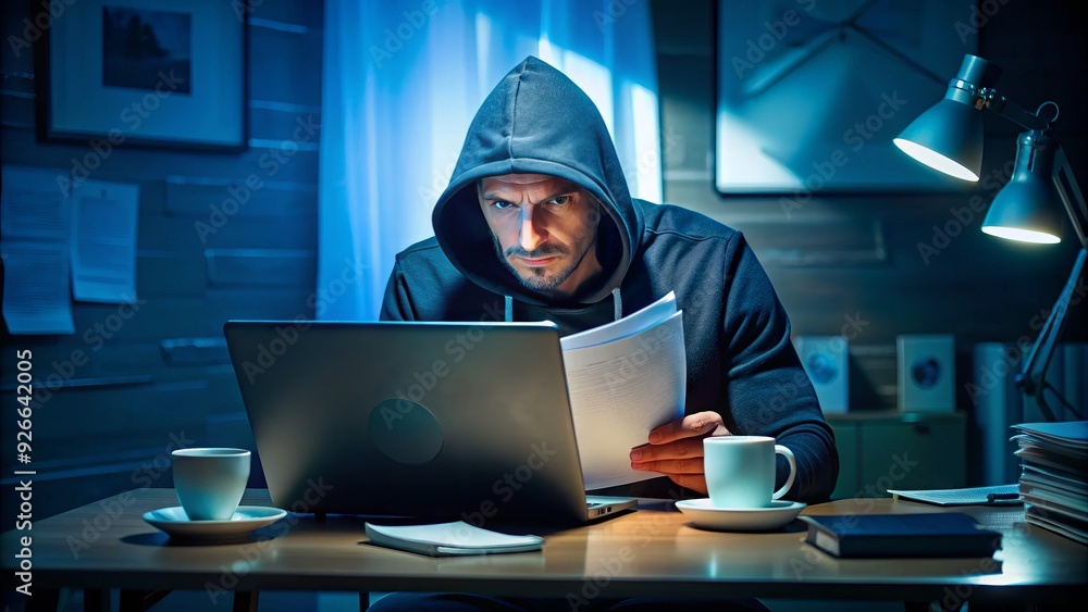 A sneaky hacker in a darkened room peers at a stolen file on a computer screen, surrounded by scattered papers and empty coffee cups. A sneaky hacker in a darkened room peers at a stolen file on a computer screen, surrounded by scattered papers and empty coffee cups.