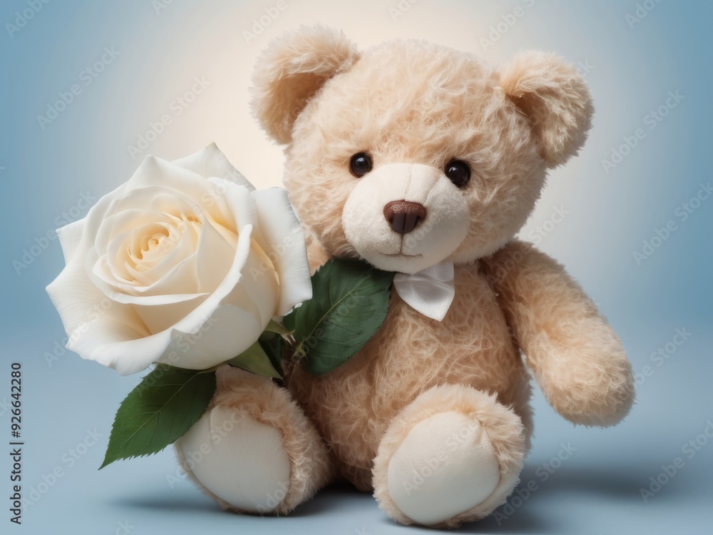Obraz premium Cute white teddy bear holding a white rose on blue background. Romantic gift, love concept