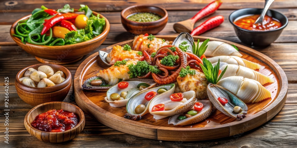 Savory steamed seafood medley featuring pollack, succulent shrimp, tender squid, and clams, accompanied by spicy Korean-inspired side dishes on a rustic wooden platter. Savory steamed seafood medley featuring pollack, succulent shrimp, tender squid, and clams, accompanied by spicy Korean-inspired side dishes on a rustic wooden platter.