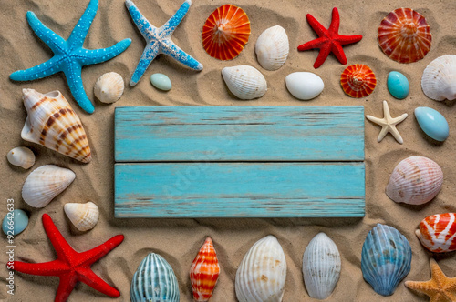 Beach Paradise: Colorful Seashells and StarfishBackground photo