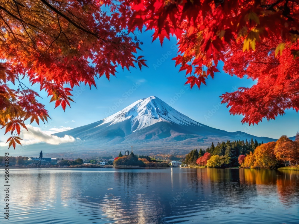 Snow-capped Mount Fuji towers in the background as vibrant red Japanese maple trees surround the serene shores of Lake Kawaguchi on a crisp autumn day. Snow-capped Mount Fuji towers in the background as vibrant red Japanese maple trees surround the serene shores of Lake Kawaguchi on a crisp autumn day.