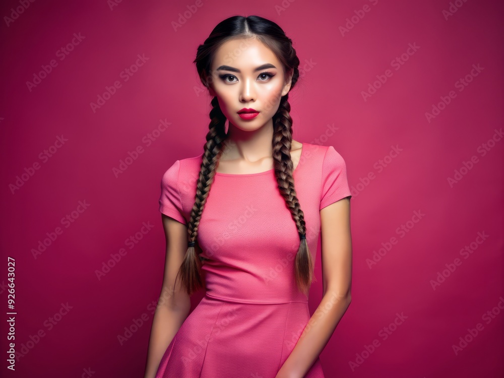 Stunning young Asian woman with stylish two-side braids and flawless skin poses confidently in a tight, trendy dress against a vibrant pink background. Stunning young Asian woman with stylish two-side braids and flawless skin poses confidently in a tight, trendy dress against a vibrant pink background.