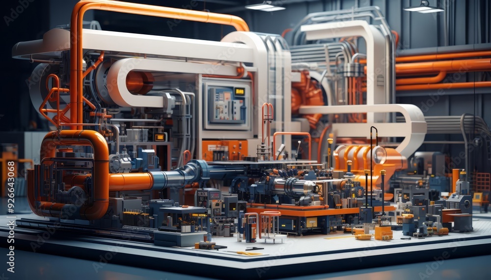 Industrial scene with machinery, flat design, side view, manufacturing theme, 3D render, Triadic Color Scheme Industrial scene with machinery, flat design, side view, manufacturing theme, 3D render, Triadic Color Scheme