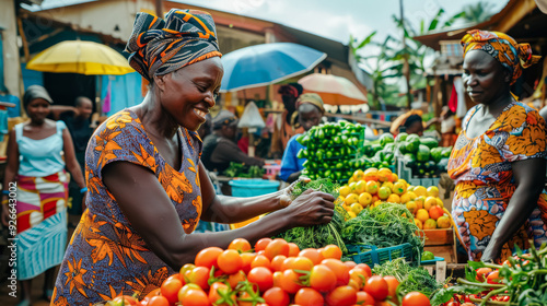 A woman is smiling while selling vegetables at a market. There are several other people around her, some of whom are also smiling. The atmosphere is lively and friendly