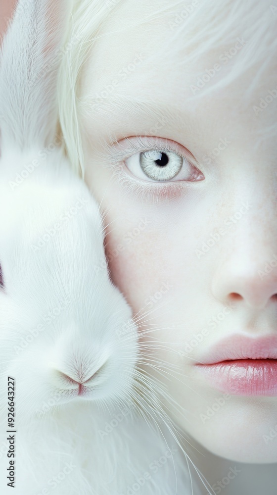 Ethereal Close-Up of Woman with White Rabbit, Soft and Dreamy Portrait in Pale Tones Ethereal Close-Up of Woman with White Rabbit, Soft and Dreamy Portrait in Pale Tones