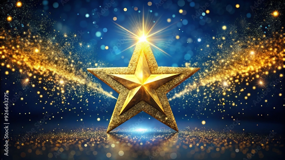 A sparkling golden star surrounded by vibrant glitter particles shines brightly against a dark blue background, evoking a sense of luxury and celestial wonder. A sparkling golden star surrounded by vibrant glitter particles shines brightly against a dark blue background, evoking a sense of luxury and celestial wonder.