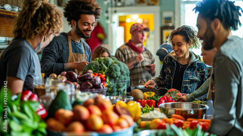 A group of people are gathered around a table full of fruits and vegetables. They are smiling and seem to be enjoying themselves