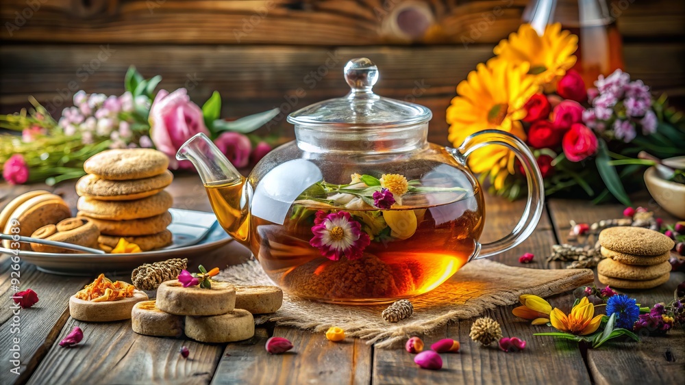 Naklejka premium Assorted colorful tea bags steeping in a clear glass teapot, surrounded by sweet biscuits and fresh flowers, on a rustic wooden table setting.
