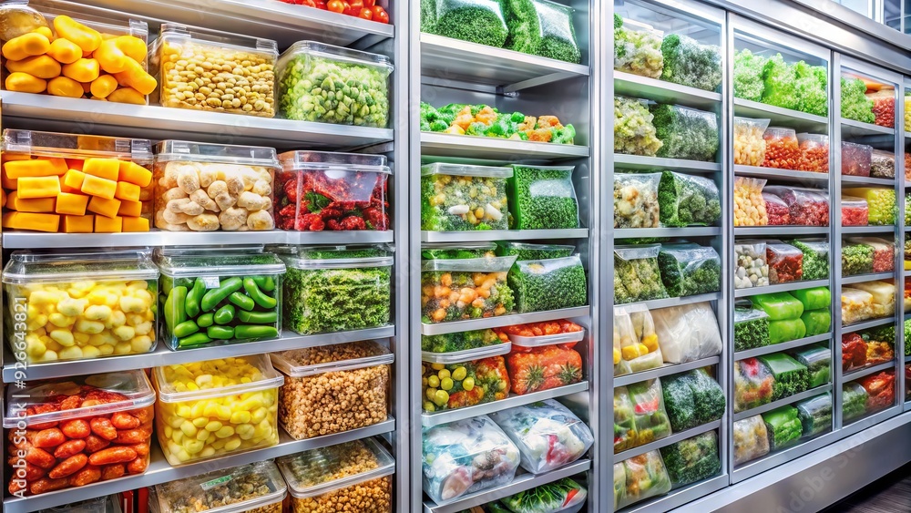 Naklejka premium Assorted frozen meals and vegetables in colorful packaging sit stacked in a freezer aisle, surrounded by frosty glass doors and shelves, awaiting consumer selection.