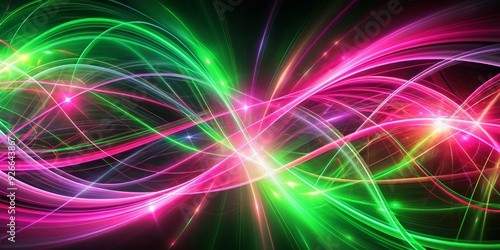 Vibrant pink and green light lines intersect and swirl, creating a mesmerizing abstract background with a futuristic and dynamic feel, perfect for technology and art concepts.