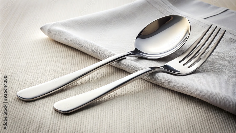 A stainless steel spoon and fork lie parallel on a crisp white linen tablecloth, waiting to devour a delectable meal in an elegant dining setting. A stainless steel spoon and fork lie parallel on a crisp white linen tablecloth, waiting to devour a delectable meal in an elegant dining setting.