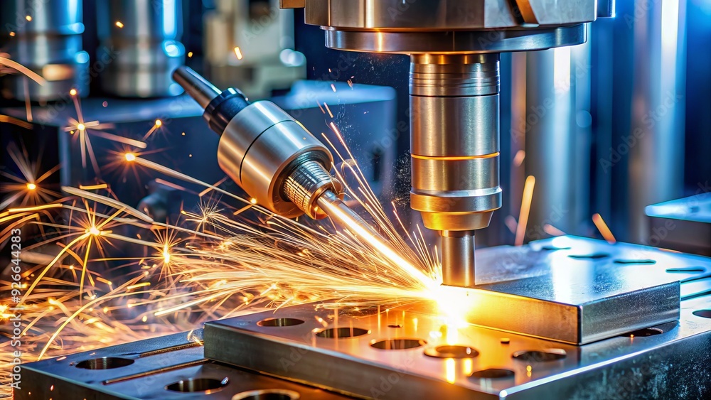 A state-of-the-art computer numerical control machine precisely cuts through a metal alloy block, sparks flying, in a well-lit,modern manufacturing facility with industrial machinery. A state-of-the-art computer numerical control machine precisely cuts through a metal alloy block, sparks flying, in a well-lit,modern manufacturing facility with industrial machinery.