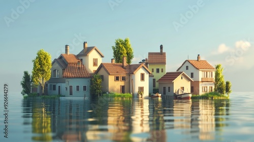 A picturesque island village with charming houses and a serene lake setting. The sky is clear with a hint of clouds.