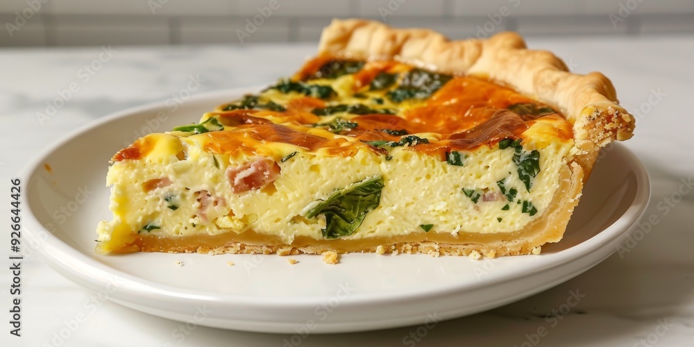 Delicious slice of quiche featuring spinach and cheese, ideal for breakfast or brunch. Perfectly baked crust and rich filling. Delicious slice of quiche featuring spinach and cheese, ideal for breakfast or brunch. Perfectly baked crust and rich filling.