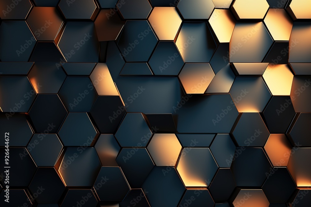 Abstract hexagonal pattern with metallic sheen, dark blue and gold. Abstract hexagonal pattern with metallic sheen, dark blue and gold.