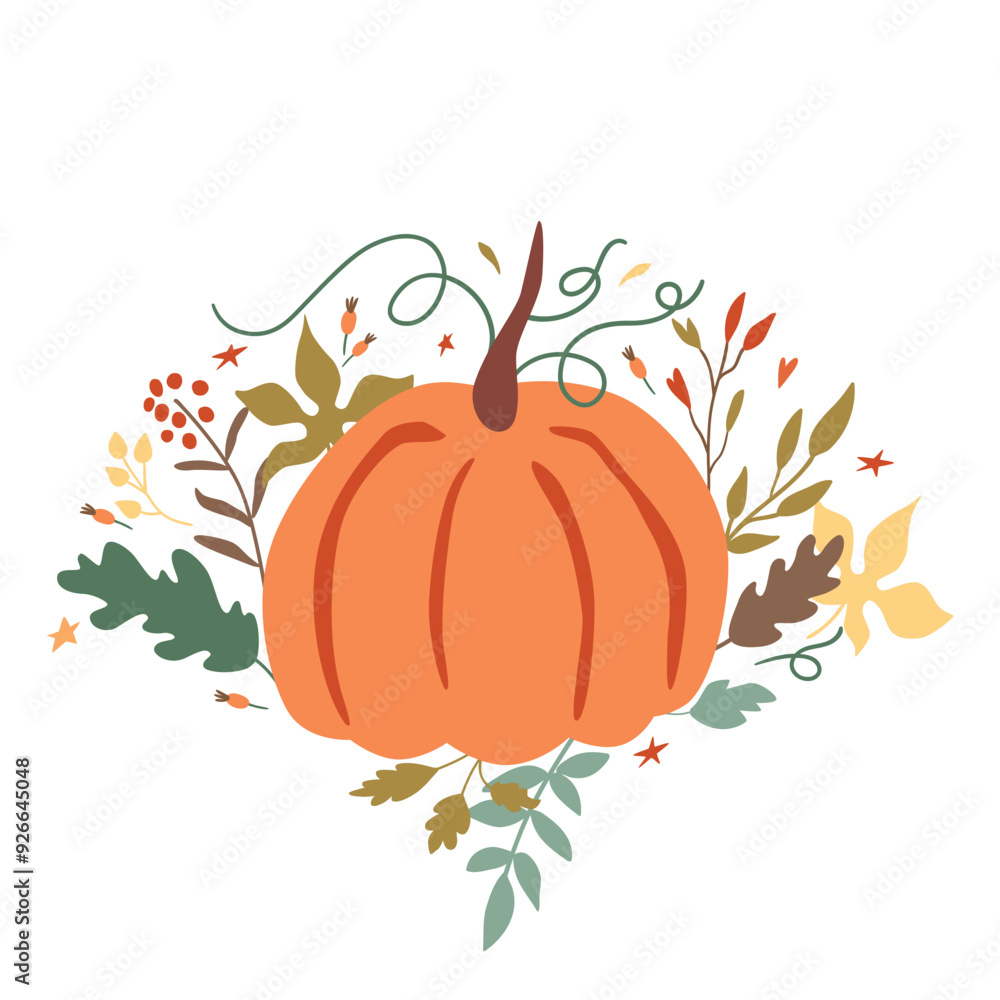 Floral pumpkin with autumn leaves, berries, fall branches. Cute fall or Thanksgiving day vector illustration. Hand drawn autumn decorative pumpkin isolated on white background.