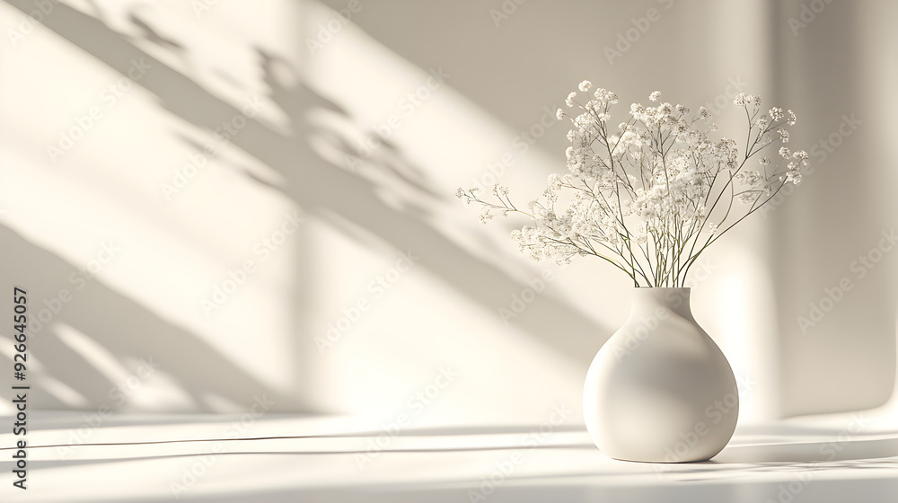 Ceramic vase flowers and simplicity on a white table Ceramic vase flowers and simplicity on a white table