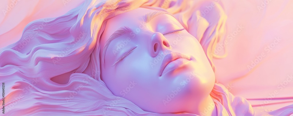 Fototapeta premium Close up of a woman's face, with soft pink and purple lighting.