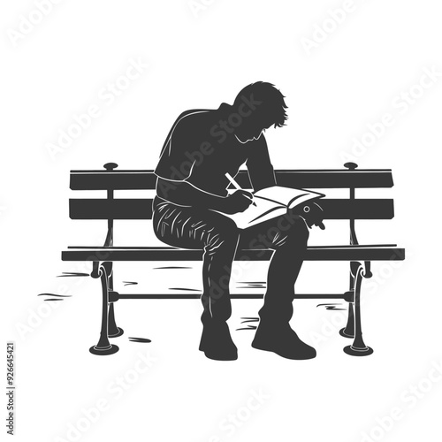 Silhouette of a Man Writing in a Notebook on a Bench