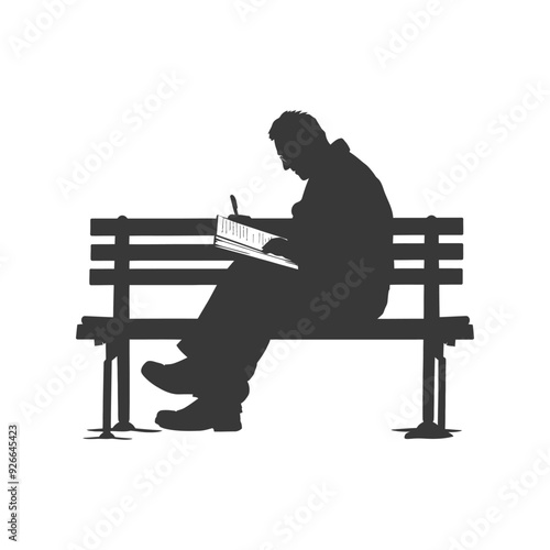 Silhouette of a Man Writing in a Notebook on a Bench