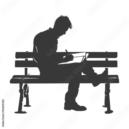 Silhouette of a Man Writing on a Bench