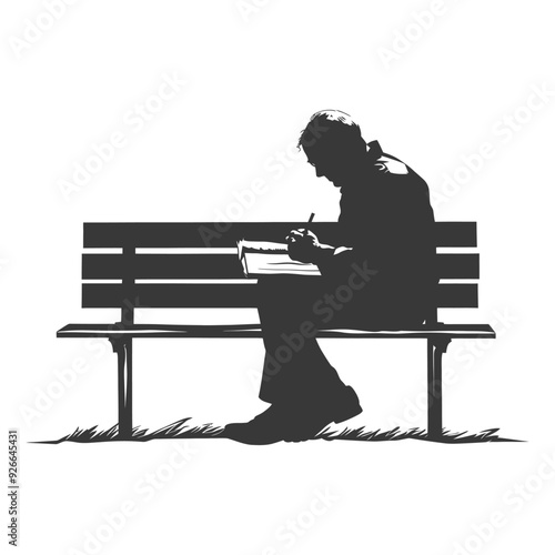 Silhouette of a Man Writing on a Bench