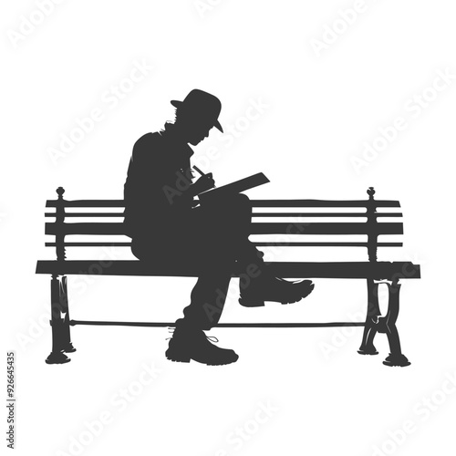 Silhouette of a Man Writing on a Bench