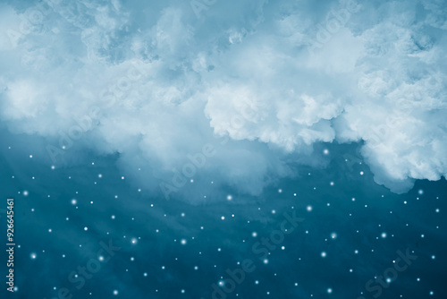 Blue sky with white fluffy clouds. Snow snowing blizzard storm snowstorm snowflakes snowfall flake. Snowy winter background. Frost cold frozen ice. Christmas Xmas New Year holiday. Dream sleep. Design