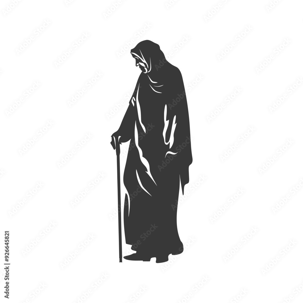Naklejka premium Silhouette of an Elderly Woman in a Headscarf Holding a Cane