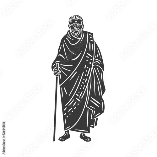 Silhouette of an Elderly Man Wearing Traditional Clothing and Holding a Staff