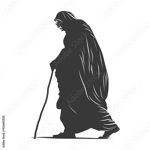 Silhouette of an elderly woman walking with a cane