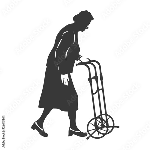 Silhouette of an elderly woman walking with a walker
