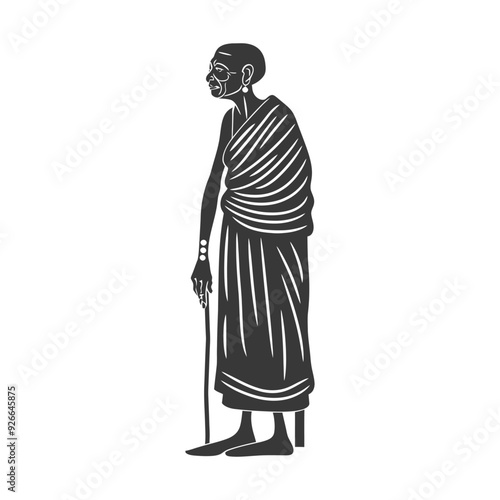 Silhouette of an Elderly Woman with a Cane and Traditional Clothing