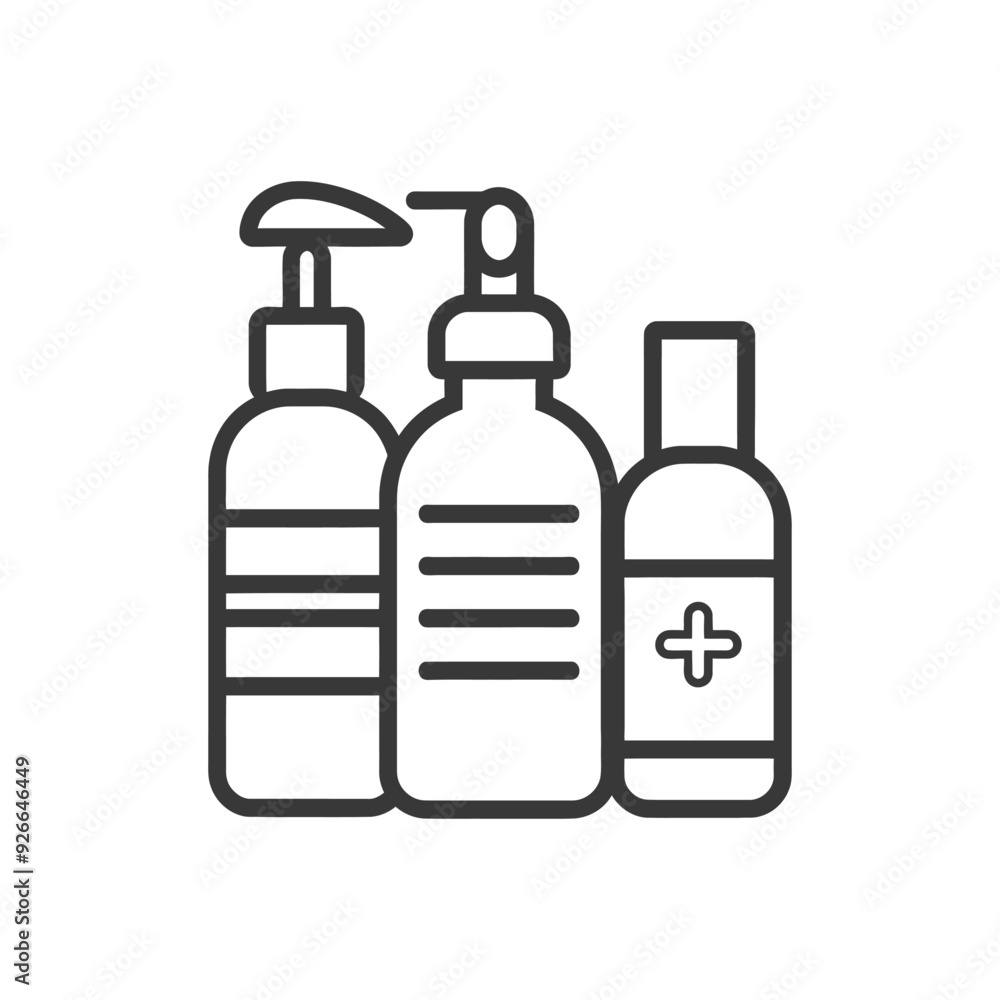 Three Bottles of Liquid with Pumps and a Plus Sign Three Bottles of Liquid with Pumps and a Plus Sign