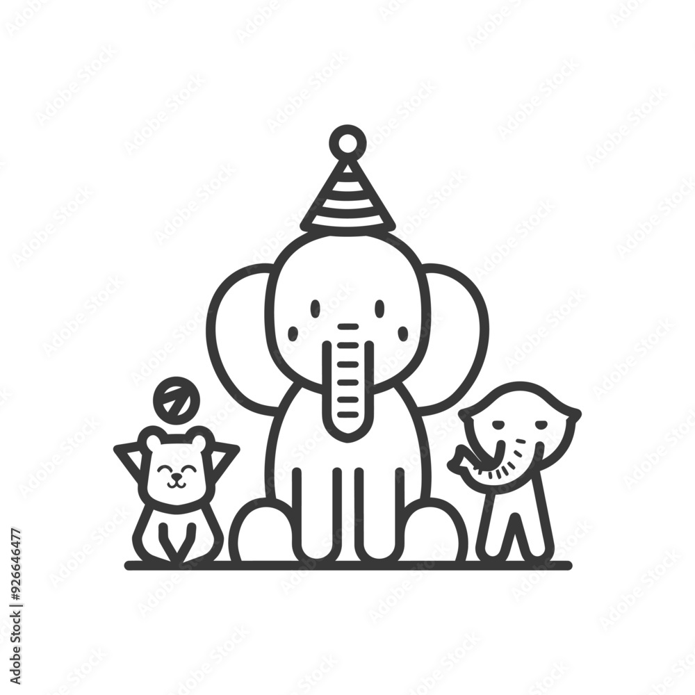 Three Cartoon Animals with Elephant Wearing a Party Hat Three Cartoon Animals with Elephant Wearing a Party Hat