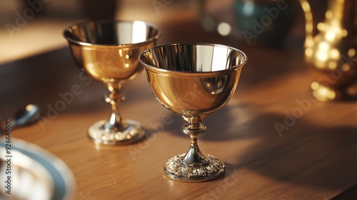 Two ornate golden goblets sit on a wooden table, catching the light.