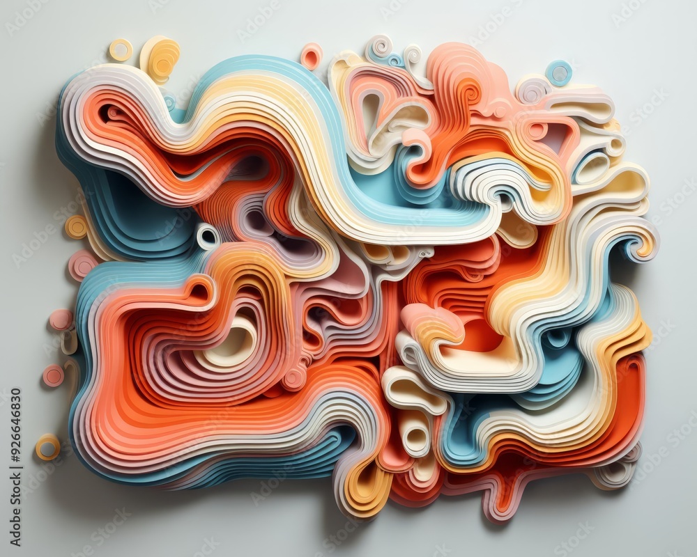Layered abstract art flat design side view intricate patterns 3D render Triadic Color Scheme Layered abstract art flat design side view intricate patterns 3D render Triadic Color Scheme