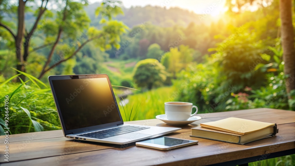 A tidy desk with a laptop, notebooks, and a cup of coffee, surrounded by calm nature, evoking a sense of focus and productive solo learning. A tidy desk with a laptop, notebooks, and a cup of coffee, surrounded by calm nature, evoking a sense of focus and productive solo learning.