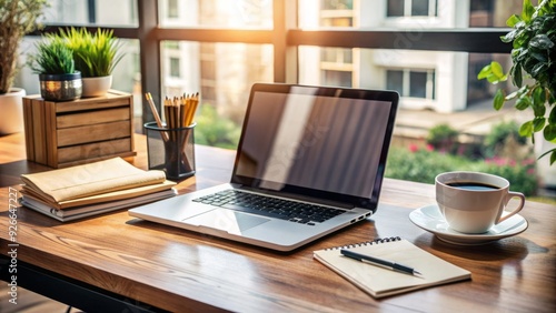 A tidy workspace features a laptop open to a document editing screen, surrounded by organized papers, pens, and a coffee cup on a wooden desk.