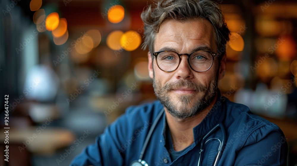 Young doctor with stethoscope smiling warmly inside a cozy cafe during late afternoon Young doctor with stethoscope smiling warmly inside a cozy cafe during late afternoon