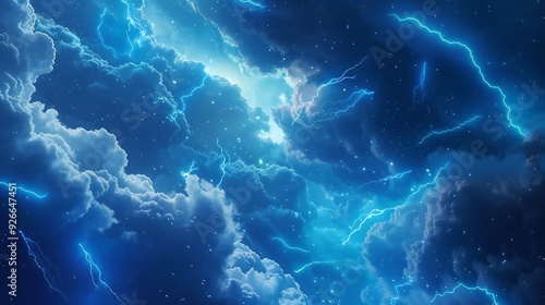 Blue comic background with lightning bolts and clouds, ideal for a superhero theme.