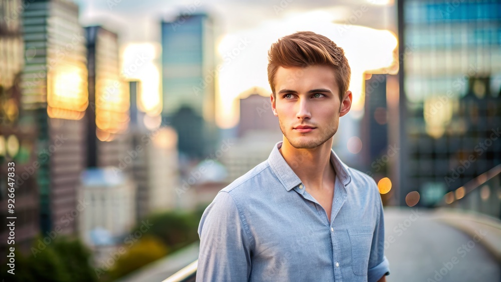 Attractive young adult male with short hair and casual clothing stands confidently against a blurred cityscape background, looking relaxed and approachable. Attractive young adult male with short hair and casual clothing stands confidently against a blurred cityscape background, looking relaxed and approachable.